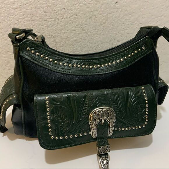 American West Black Hair-On Cowtown Green Tooled Leather Zip-Top Shoulder Bag - Picture 3 of 15